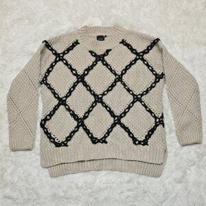Cliche Cozy Beige Sweater with Black Diamond Pattern. Size L